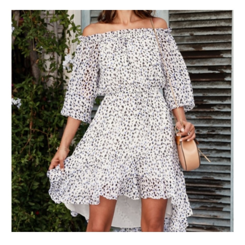 DVF Camila Silk Off Shoulder Ruffle Dress Animal Print Hi Low Boho Mini 0 XS
